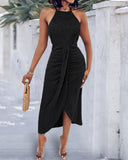 Halter Hollow out A Line Sleeveless Front Slit Ruched Maxi Dress Vacation Dress