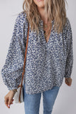 Blue Floral Print Notched V Neck Puff Sleeve Blouse