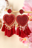 Racing Red Heart Shape Tasseled Dangle Earrings