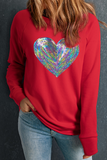 Red Bold Sequin Heart Crewneck Valentines Pullover Sweatshirt