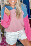 Pink Color Block Patchwork Corded Knit Loose Fit Hoodie