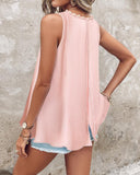 Striped Slit Beaded Round Neck Chiffon Tank Top