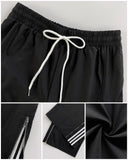 Striped Side Zipper Design Drawstring Wide Leg Casual Pants