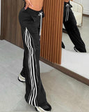 Striped Side Zipper Design Drawstring Wide Leg Casual Pants