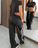 Striped Side Zipper Design Drawstring Wide Leg Casual Pants