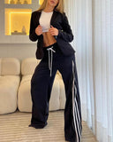 Striped Side Zipper Design Drawstring Wide Leg Casual Pants