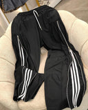 Striped Side Zipper Design Drawstring Wide Leg Casual Pants
