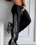 Striped Side Zipper Design Drawstring Wide Leg Casual Pants