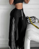 Striped Side Zipper Design Drawstring Wide Leg Casual Pants