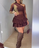 Solid Double Layer Ruffle Hem Skirt High Waist Zipper Side Mini Skirt