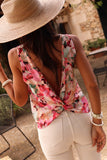 Pink Floral Round Neck Twisted Cut Out Back Tank Top