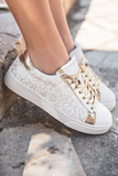 White Leopard Print Glitter Patched PU Leather Lace-up Shoes