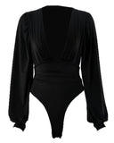 Plunge Puff Sleeve Ruched Bodysuit