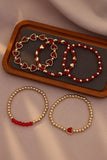 Fiery Red Heart Shape Plated Beaded Elastic Bracelet Set