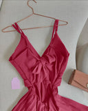 V Neck Spaghetti Strap Tied Detail Romper Casual A Line Layered Jumpsuit