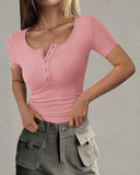 Henley V Neck Short Sleeve Tops Casual Button Up Ribbed Knit T Shirt