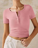 Henley V Neck Short Sleeve Tops Casual Button Up Ribbed Knit T Shirt