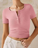 Henley V Neck Short Sleeve Tops Casual Button Up Ribbed Knit T Shirt