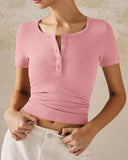 Henley V Neck Short Sleeve Tops Casual Button Up Ribbed Knit T Shirt