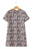 Brown Leopard Print Crew Neck Shift Short T Shirt Dress