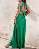 Halter Sleeveless Tied Detail Shirred Criss Cross Flared Dress Glamorous Evening Dress