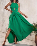 Halter Sleeveless Tied Detail Shirred Criss Cross Flared Dress Glamorous Evening Dress