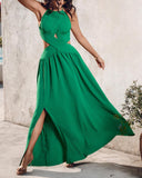 Halter Sleeveless Tied Detail Shirred Criss Cross Flared Dress Glamorous Evening Dress