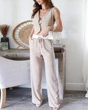 2 Piece Stripped V Neck Crop Sleeveless Button Front Vest Casual Wide Leg Pants with Pockets Outfit Set