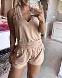 2 Pieces Outfit V Neck Sleeveless Tank and Casual Strechy Waist Pocket Design Cut Off Shorts Set