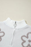 White Contrast Flower Half Zipper Stand Neck Sweater