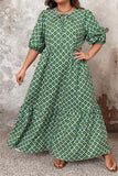 Green Geometric Floral Print Half Sleeve Plus Size Maxi Dress