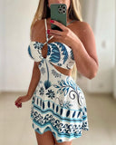 Floral Print Halter Sleeveless A Line Mini Dress Sexy Waist Hollow Out Vacation Dress