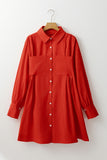 Tomato Red Bishop Sleeve Button Up Pleated Mini Shirt Dress