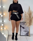 2 Pieces Outfit High Low Split Back Hollow out Cape Top With Skirt Shorts(Without Belt)
