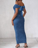 Off Shoulder Tied Detail Ribbed Maxi Dress Slim Fit Bodycon Dress