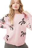 Light Pink Bow Pattern Knitted Loose Fit Sweater