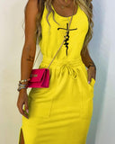 Letter Print Split Hem Drawstring Casual Dress