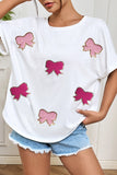 White Sequined Bow Patched Short Sleeve Top