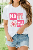 White MAMA Bow Flower Print Crewneck T Shirt