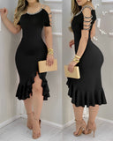 Cold Shoulder Beaded Bodycon Dress Ruffle Hem Slim Fit Party Dress