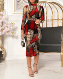 2 Piece Leopard Print Mock Neck Long Sleeve Mid Calf Dress Sheer Mesh Party Dress with Short Pants