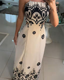 Floral Print Bandeau Backless Tied Detail Dress Casual A Line Maxi Dress