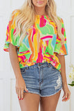 Multicolour Abstract Print Keyhole Back Pleated Half Sleeve Blouse