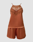 2 Pieces Outfit Guipure Lace Patch Spaghetti Strap Tank and Casual Pocket Design Shorts