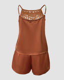 2 Pieces Outfit Guipure Lace Patch Spaghetti Strap Tank and Casual Pocket Design Shorts