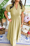 Laurel Green Notched V Neck Puff Sleeve Tiered Plus Size Maxi Dress