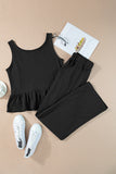 Black Solid Color Ribbed Ruffle Tank Top and Pants Set