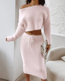 Skew Neck Fuzzy Knit Sweater & Skirt Set