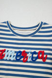 Blue Stripe America Cursive Graphic Puff Sleeve T-shirt