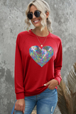 Red Bold Sequin Heart Crewneck Valentines Pullover Sweatshirt